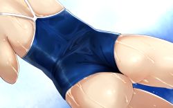 Rule 34 | 1boy, ass, back, blue one-piece swimsuit, competition school swimsuit, cowboy shot, dutch angle, from behind, gluteal fold, gradient background, head out of frame, highres, one-piece swimsuit, original, outdoors, school swimsuit, solo, swimsuit, wachiwo, wedgie, wet, wet clothes, wet swimsuit