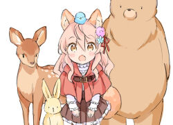 Rule 34 | 1girl, :o, animal, animal ear fluff, animal ears, animal on head, bear, bird, blue flower, blush, brown eyes, brown skirt, capelet, commentary request, deer, fang, flower, frilled skirt, frilled sleeves, frills, hair between eyes, hair ribbon, long hair, long sleeves, looking at viewer, on head, open mouth, original, pink flower, pink hair, pleated skirt, rabbit, red capelet, red ribbon, ribbon, shirt, simple background, skirt, solo, tail, wataame27, white background, white shirt, wolf-chan (wataame27), wolf ears, wolf girl, wolf tail