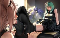 Rule 34 | 2girls, arknights, arm support, armor, bare shoulders, black pants, black socks, blush, breastplate, closed eyes, commission, feet, female focus, foot focus, foot worship, foreshortening, gravel (arknights), green hair, hair over shoulder, highres, horns, hoshiguma (arknights), licking, licking foot, long hair, looking at another, multiple girls, nikishiko, pants, pink hair, pixiv commission, saliva, single horn, sittting, sleeveless, smile, socks, soles, toes, tongue, tongue out, yellow eyes
