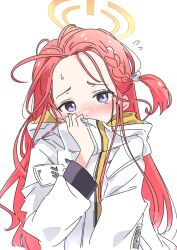 Rule 34 | 1girl, blue archive, blue eyes, blush, braid, halo, ixy, jacket, long hair, long sleeves, looking at viewer, one side up, red hair, simple background, solo, white background, white jacket, yellow halo, yuzu (blue archive)