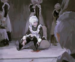 Rule 34 | 6+others, ambiguous gender, black footwear, blood, blood trail, blood on hands, closed mouth, frills, grey hair, gun, highres, holding, holding gun, holding weapon, looking at another, looking at viewer, maid, maid headdress, multiple others, original, purple eyes, qunqing123, short hair, sitting, solo focus, standing, weapon, white hair