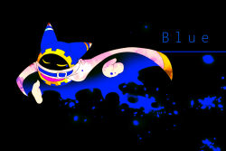 Rule 34 | animal ears, belt, belt buckle, belt collar, black background, blue belt, blue cape, blue hood, buckle, cape, cape lift, closed eyes, collar, colorful, commentary request, covered mouth, disembodied hand, english text, gear print, gloves, kirby (series), magolor, nintendo, no humans, outstretched hand, paint splatter, paint splatter on face, rayman limbs, scarf, shirushiki, simple background, solo, two-sided cape, two-sided fabric, white cape, white gloves, white scarf