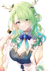 Rule 34 | 1girl, amulet, antlers, bow, bowtie, braid, braided bangs, branch, breasts, ceres fauna, cleavage, commentary request, earrings, flower, french braid, green hair, hair flower, hair ornament, highres, hololive, hololive english, horns, jewelry, leaf, long hair, mole, mole under eye, myusha, simple background, single braid, smile, solo, upper body, virtual youtuber, white background, yellow eyes