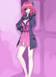 Rule 34 | 1girl, barefoot, breasts, cleavage, coat, copyright request, demon girl, dress, eyepatch, fakepucco, hair between eyes, hand on own hip, horns, large breasts, pink dress, pink theme, red hair, solo, standing, yellow eyes