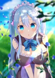 Rule 34 | 1girl, :o, absurdres, ahoge, bad id, bad pixiv id, blue bow, blue eyes, blue hair, blurry, blurry background, blush, bow, bowtie, breasts, cleavage, hair between eyes, highres, large breasts, leaf, lens flare, long hair, looking at viewer, maid, maid headdress, open mouth, original, sidelocks, sinobi illust, solo, twintails