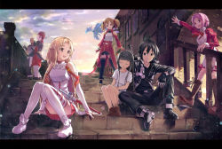 Rule 34 | 10s, 3boys, 4girls, agil, asuna (sao), bald, bare shoulders, black eyes, black hair, black legwear, boots, brown eyes, brown hair, closed eyes, cloud, detached sleeves, hime cut, kirito, klein (sao), letterboxed, light particles, lisbeth (sao), long hair, long legs, multiple boys, multiple girls, outdoors, outstretched arm, pina (sao), pink hair, red eyes, shouin, silica, sitting, sitting on stairs, sky, smile, stairs, standing, sword art online, thighhighs, twintails, white thighhighs, window, yui (sao)