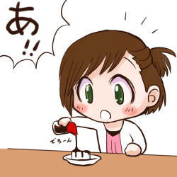Rule 34 | 1girl, ^^^, a (phrase), brown hair, chibi, food, green eyes, nakayama saki, pouring, solo, soy sauce, surprised