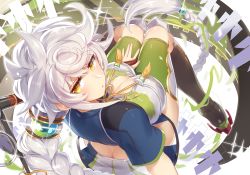 Rule 34 | 10s, 1girl, asymmetrical hair, bad id, bad pixiv id, blush, braid, breasts, butt crack, cleavage, cleavage cutout, clothing cutout, cloud print, crop top, from above, green legwear, hair ornament, jitome, kantai collection, large breasts, long hair, looking at viewer, looking up, parted lips, pokoten (pokoten718), scroll, shikigami, short sleeves, silver hair, single braid, solo, unryuu (kancolle), very long hair, wavy hair, yellow eyes