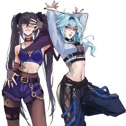 Rule 34 | 2girls, arms up, belt, belt buckle, black hair, blue hair, breasts, bridal gauntlets, buckle, choker, commentary, earrings, english commentary, eula (genshin impact), fishnet armwear, genshin impact, green eyes, hair between eyes, highres, jewelry, long sleeves, looking at viewer, medium breasts, midriff, mona (genshin impact), multiple girls, navel, navel piercing, pantyhose, piercing, ring, shorts, simple background, tanyalehoux, tattoo, twintails, white background