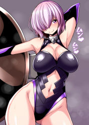 Rule 34 | 1girl, black leotard, breasts, cleavage, clothing cutout, commentary request, cowboy shot, elbow gloves, fate/grand order, fate (series), gloves, grey background, hair over one eye, highleg, highleg leotard, highres, large breasts, leotard, looking at viewer, mash kyrielight, navel cutout, nokoppa, purple eyes, purple gloves, purple hair, shield, short hair, solo, standing, sweat