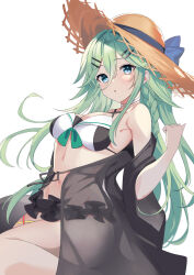 Rule 34 | 1girl, absurdres, bare shoulders, bikini, black bikini, blue eyes, blush, braid, breasts, fathom, green hair, hair between eyes, hat, highres, kantai collection, long hair, medium breasts, parted lips, simple background, solo, straw hat, swimsuit, twin braids, white background, yamakaze (kancolle), yamakaze kai ni (kancolle)