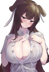 Rule 34 | 1girl, animal ears, azur lane, blush, breast suppress, breasts, brown hair, cleavage, closed mouth, cow ears, cow girl, female focus, glaring, hair between eyes, hands on own breasts, head tilt, highres, huge breasts, jitome, kashino (azur lane), large breasts, light blush, long hair, looking at viewer, metsu end, neck, no bra, partially unbuttoned, purple eyes, shirt, short sleeves, simple background, solo, standing, unbuttoned, unbuttoned shirt, upper body, very long hair, white background, white shirt