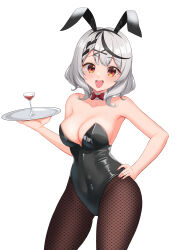 Rule 34 | 1girl, 9696k, absurdres, animal ear hairband, animal ears, black hair, black leotard, braid, breasts, collar, cup, detached collar, drinking glass, fake animal ears, fishnet pantyhose, fishnets, grey hair, hair ornament, hand on own hip, highres, holding, holding plate, hololive, large breasts, leotard, looking at viewer, medium hair, multicolored hair, open mouth, pantyhose, plate, playboy bunny, rabbit ear hairband, rabbit ears, red eyes, sakamata chloe, single braid, smile, solo, strapless, strapless leotard, streaked hair, virtual youtuber, white background, white collar, wine glass, x hair ornament