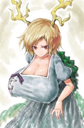 Rule 34 | 1girl, 2b-ge, alternate breast size, antlers, blonde hair, blue shirt, blue skirt, breasts, cleavage, commentary request, dragon girl, dragon horns, dragon tail, highres, horns, huge breasts, kicchou yachie, looking at viewer, puffy short sleeves, puffy sleeves, purple ribbon, red eyes, ribbon, shirt, short hair, short sleeves, skirt, smile, solo, tail, touhou, turtle shell, v-shaped eyebrows, wavy hair