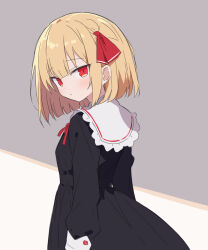 Rule 34 | 1girl, arms at sides, black dress, blonde hair, blush, bow, closed mouth, cowboy shot, dot nose, dress, from side, grey background, hair bow, highres, izumiizumi01, long sleeves, looking at viewer, neck ribbon, red bow, red eyes, red ribbon, ribbon, rumia, sailor collar, sailor dress, short hair, sidelocks, simple background, sleeve cuffs, solo, touhou, two-tone background, white background, white sailor collar