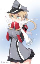 Rule 34 | 1girl, ahenn, aqua eyes, black skirt, blonde hair, blush, breasts, cowboy shot, hair between eyes, hat, highres, kantai collection, large breasts, long hair, long sleeves, low twintails, military, military hat, military uniform, mittens, open mouth, peaked cap, pleated skirt, prinz eugen (kancolle), scarf, skirt, solo, twintails, twitter username, uniform, white scarf