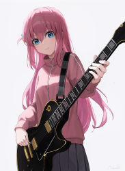 Rule 34 | 1girl, blue eyes, blush, bocchi the rock!, cowboy shot, cube hair ornament, electric guitar, gibson les paul, gotoh hitori, grey skirt, guitar, hair between eyes, hair ornament, highres, holding, holding instrument, holding plectrum, instrument, jacket, long hair, nekoreito, one side up, pink hair, pink jacket, pleated skirt, plectrum, simple background, skirt, smile, solo, track jacket, white background