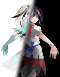 Rule 34 | 1girl, bad id, bad pixiv id, black hair, bracelet, dress, grey horns, horns, ichiba youichi, jewelry, kijin seija, looking at viewer, looking back, multicolored hair, negative, outstretched arms, red eyes, short hair, spread arms, touhou