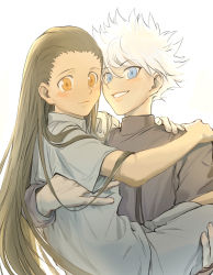 Rule 34 | 2boys, absurdres, alternate costume, alternate hairstyle, black hair, blue eyes, blush, brown eyes, carrying, child, gon freecss, heads together, highres, hunter x hunter, k.g (matsumoto zo), killua zoldyck, long hair, looking at viewer, male focus, messy hair, multiple boys, princess carry, short hair, skinny, smile, spiked hair, spoilers, very long hair, white background, white hair