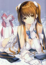 Rule 34 | 1girl, absurdres, alternate breast size, bare shoulders, bow, bowtie, breasts, brown eyes, brown hair, cleavage, collarbone, dress, elbow gloves, feet, fur trim, gloves, gradient background, hair ornament, highres, large breasts, long hair, lying, nakamura takeshi, no shoes, ogiso setsuna, on stomach, panties, parted lips, scan, simple background, snowflake background, snowflakes, soles, solo, underwear, white album (series), white album 2, white dress, white gloves, white legwear, white panties