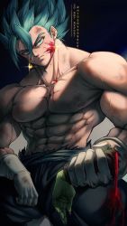 Rule 34 | 1boy, abs, blood, blood on face, blue eyes, blue hair, dragon ball, dragon ball super, earrings, gloves, highres, hydeover9000, jewelry, looking at viewer, male focus, muscular, muscular male, pants, pectorals, potara earrings, sash, severed hand, solo, spiked hair, super saiyan, super saiyan blue, topless male, torn clothes, vegetto, white gloves