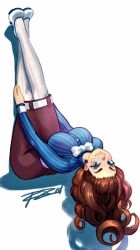Rule 34 | 1girl, against wall, bad id, bad tumblr id, bliss barson, blue eyes, bow, breasts, brown hair, cryamore, curly hair, earrings, eyeshadow, hairline, jewelry, large breasts, legs up, long hair, long skirt, looking at viewer, makeup, mole, mole under eye, pantyhose, pencil skirt, robaato, seamed legwear, see-through, see-through legwear, shoes, skirt, smile, solo, striped clothes, striped pantyhose, upside-down, vertical-striped clothes, vertical-striped pantyhose, white pantyhose