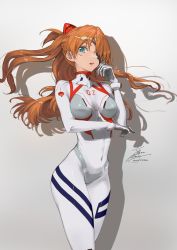 Rule 34 | 1girl, blue eyes, breasts, commentary, covered navel, evangelion: 3.0+1.0 thrice upon a time, eyepatch, fadingz, gloves, grey background, highres, light smile, long hair, looking at viewer, medium breasts, neon genesis evangelion, orange hair, parted lips, pixiv id, plugsuit, rebuild of evangelion, revision, signature, solo, souryuu asuka langley, standing, thighs, white gloves