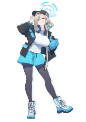 Rule 34 | 1girl, absurdres, alternate costume, asuna (blue archive), baffu, baseball cap, black hat, black jacket, black pantyhose, blonde hair, blue archive, blue eyes, blue footwear, blue halo, blue shorts, breasts, commentary, contrapposto, full body, grin, halo, hand on own hip, hat, headphones, headphones around neck, highres, jacket, large breasts, looking at viewer, pantyhose, parted bangs, shirt, shorts, simple background, smile, solo, standing, white background, white shirt