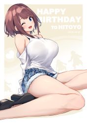 Rule 34 | 1girl, 2020, absurdres, baffu, bare shoulders, blue eyes, blush, breasts, brown hair, commentary request, dated, denim, denim shorts, happy, high heels, highres, hitoyo (baffu), large breasts, legs, looking at viewer, one eye closed, open mouth, original, short hair, shorts, sitting, solo, thighs, tongue