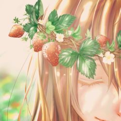 Rule 34 | 1girl, blurry, blurry background, close-up, closed eyes, eyelashes, flower, food, fruit, gradient background, happy, head wreath, highres, leaf, light brown hair, light smile, long hair, multicolored background, original, painttool sai, smile, solo, solo focus, strawberry, sunlight, white flower