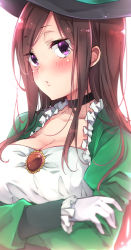 Rule 34 | 1girl, black choker, blush, breasts, brooch, brown hair, choker, cleavage, close-up, commentary, crossed arms, dorothy (princess principal), dress, frilled dress, frilled sleeves, frills, green dress, hair over shoulder, hat, highres, jewelry, large breasts, long hair, long sleeves, looking at viewer, parted lips, princess principal, puffy sleeves, purple eyes, sideways glance, simple background, sk02, solo, two-tone dress, upper body, white background, white dress