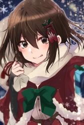 Rule 34 | 1girl, blurry, blurry background, blush, bow, bowtie, box, brown eyes, brown hair, capelet, carrying over shoulder, closed mouth, fur-trimmed capelet, fur trim, gift, gift box, green bow, green bowtie, hair ribbon, holly, kantai collection, long sleeves, looking at viewer, red capelet, red ribbon, ribbon, rinto (rint rnt), sack, santa costume, scarf, sendai (kancolle), short hair, sleeves past wrists, smile, snowflakes, solo, tareme, two side up, upper body, white scarf