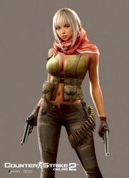Rule 34 | blonde hair, blue eyes, breasts, cleavage, counter-strike, counter-strike (series), gun, handgun, highres, large breasts, lips, military, navel, parted lips, pistol, realistic, scarf, unbuttoned, weapon