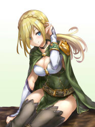 Rule 34 | 1girl, belt, bertha (valkyrie connect), black legwear, blonde hair, blue eyes, braid, breasts, capelet, cleavage, cloak, closed mouth, elf, hair over one eye, highres, large breasts, long hair, looking at viewer, pointy ears, potato tacos, sitting, smile, solo, valkyrie connect, white background