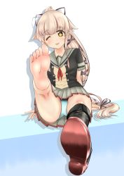 Rule 34 | 1girl, :p, absurdres, barefoot, boots, feet, foot up, highres, kantai collection, light blush, long hair, looking at viewer, one eye closed, panties, pantyshot, ponytail, shoes, single shoe, sitting, soles, toes, tongue, tongue out, underwear, wink, yellow eyes, yura (kancolle)