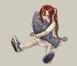 Rule 34 | 1girl, blue footwear, bow, brown eyes, brown hair, closed mouth, collared shirt, hair between eyes, hair bow, highres, long hair, long sleeves, looking at viewer, hugging object, original, saino misaki, shirt, shoe soles, solo, stuffed animal, stuffed fish, stuffed toy, twintails, very long hair, white bow, white shirt