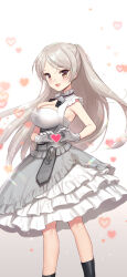 Rule 34 | 1girl, :d, breasts, brown eyes, cleavage cutout, clothing cutout, commentary, commission, conte di cavour (kancolle), dress, frilled dress, frills, gloves, grey hair, heart, heart hands, highres, kantai collection, large breasts, long hair, looking at viewer, onigiri-kun (demmy), open mouth, smile, solo, two side up, white dress, white gloves