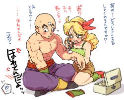 Rule 34 | !?, 1boy, 1girl, annoyed, bald, between legs, blonde hair, cotton ball, crossed legs, dragon ball, first aid kit, green eyes, hair ribbon, hand between legs, long hair, looking away, lunch (bad) (dragon ball), lunch (dragon ball), nervous, pants, red footwear, ribbon, scrape, seiza, shoes, shorts, simple background, sitting, socks, sweatdrop, tank top, tenshinhan, tkgsize, topless male, translation request, white background, wristband