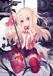 Rule 34 | 1girl, ao jun, arm up, asymmetrical footwear, bare shoulders, blush, boots, closed mouth, collar, collarbone, commentary request, detached collar, detached sleeves, fate/kaleid liner prisma illya, fate (series), feather-trimmed gloves, feather hair ornament, feathers, full body, gloves, hair between eyes, hair ornament, high heel boots, high heels, illyasviel von einzbern, light brown hair, long hair, looking at viewer, microphone, microphone stand, neck ribbon, parted bangs, pink footwear, pink sleeves, pink thighhighs, pleated skirt, purple skirt, red eyes, red gloves, red ribbon, red thighhighs, ribbon, shirt, single detached sleeve, single thigh boot, sitting, skirt, smile, solo, speaker, star (symbol), strapless, sweat, thigh boots, thighhighs, two side up, uneven footwear, very long hair, wariza, white collar, white feathers, white shirt, wing collar