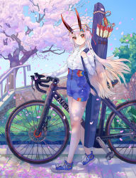 Rule 34 | 1girl, absurdres, arrow (projectile), bicycle, blue shorts, blue sky, blush, casual, cherry blossoms, commentary request, day, fate/grand order, fate (series), hair between eyes, highleg shorts, highres, horns, horns through headwear, huge filesize, light blush, light smile, long hair, looking at viewer, mitsudomoe (shape), ningonmou, oni horns, quiver, red eyes, red horns, shirt, shoes, shorts, sidewalk, silver hair, sky, sneakers, solo, tomoe (symbol), tomoe gozen (fate), tree, visor cap, white shirt