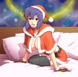 Rule 34 | 1girl, breasts, cleavage, condom, condom in mouth, garter straps, ghost in the shell, gloves, hat, jacket, kusanagi motoko, large breasts, looking at viewer, mouth hold, no bra, open clothes, open jacket, pillow, purple hair, red eyes, santa costume, santa hat, solo, thighhighs, uchiyan-uchizum