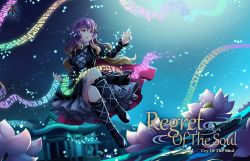 Rule 34 | 1girl, air bubble, album cover, album name, architecture, arm up, bad id, bad pixiv id, black footwear, blonde hair, boots, breasts, bubble, circle name, clumeal, commentary request, cover, dress, east asian architecture, english text, fingernails, flower, gradient hair, high collar, highres, hijiri byakuren, knee boots, layered dress, crossed legs, long hair, long sleeves, looking to the side, lotus, medium breasts, multicolored hair, nail polish, parted lips, purple hair, purple nails, solo, sorcerer&#039;s sutra scroll, touhou, underwater, well, yellow eyes