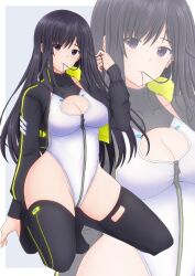 Rule 34 | 1girl, absurdres, alice gear aegis, black eyes, black hair, black jacket, black thighhighs, breasts, circle cutout, cleavage, cleavage cutout, clothing cutout, companion/af, covered collarbone, front zipper, full-length zipper, hair in own mouth, heattech leotard, highleg, highleg leotard, highres, jacket, kagome misaki, kneeling, leotard, long hair, medium breasts, multiple views, race queen, sleeveless turtleneck leotard, solo, thighhighs, tubamesaapoo, two-tone leotard, white leotard, zipper, zipper leotard, zipper pull tab, zoom layer