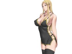 Rule 34 | 10s, 1girl, bare shoulders, black thighhighs, blonde hair, blue eyes, breasts, cleavage, collar, collarbone, covered erect nipples, female focus, francesca mathy, freckles, game cg, large breasts, legs, lingerie, long hair, looking at viewer, panties, sei shoujo, solo, standing, starless, thighhighs, thighs, transparent background, underwear, white background, will (company)