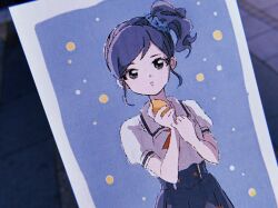 Rule 34 | 1girl, aikatsu!, aikatsu! (series), blue background, blue hair, blue scrunchie, blue skirt, blurry, blurry background, brown eyes, closed mouth, cowboy shot, expressionless, film grain, food, fruit, highres, holding, holding food, holding fruit, kiriya aoi, lemon, looking at viewer, neck ribbon, osouzai-kun, photo (object), puffy short sleeves, puffy sleeves, red ribbon, ribbon, sailor collar, scrunchie, shirt, short hair, short sleeves, side ponytail, sidelocks, skirt, solo, standing, swept bangs, white sailor collar, white shirt
