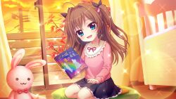 Rule 34 | 1girl, :3, aged down, ahoge, black bow, black skirt, blue eyes, book, bow, bowtie, brown hair, child, cloud, curtains, cushion, dot nose, dutch angle, evening, fang, film grain, game cg, glass door, hair bow, head tilt, holding, holding book, indoors, izumi tsubasu, lens flare, long hair, long sleeves, looking at viewer, non-web source, official art, on pillow, open mouth, orange sky, pink shirt, re:stage!, red bow, red bowtie, seiza, shikimiya aone, shirt, sitting, skirt, sky, sliding doors, smile, socks, solo, sparkle, stuffed animal, stuffed rabbit, stuffed toy, translated, two side up, utility pole, wooden floor, yellow socks, zabuton