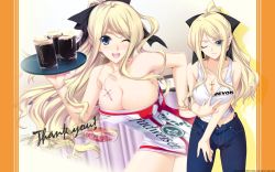 Rule 34 | 1girl, ;), ;d, alcohol, bare shoulders, beer, beer mug, blonde hair, blue eyes, bracelet, breasts, budweiser, cleavage, cross, cross necklace, cup, denim, dress, green eyes, hand on own hip, hand on own thigh, hand on thigh, highres, iizuki tasuku, jeans, jewelry, laila lia sorel, large breasts, long hair, looking at viewer, mug, necklace, one eye closed, open mouth, pants, ponytail, shiden enkan no kizuna, short dress, simple background, smile, taut clothes, tray