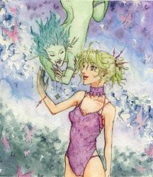 Rule 34 | 1990s (style), 1girl, bad face, blonde hair, blue eyes, choker, cloud of darkness, final fantasy, final fantasy iii, final fantasy vi, green eyes, leotard, lingerie, lowres, monster girl, solo, tina branford, underwear