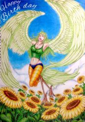 Rule 34 | 1girl, 305cm, absurdres, bird legs, bird tail, blue sky, closed eyes, clothes writing, english text, field, flower, flower field, green hair, green tank top, happy birthday, harpy, highres, long hair, monet (one piece), monster girl, navel, one piece, open mouth, pantyhose, sky, smile, sunflower, tail, tank top, traditional media, winged arms, wings, yellow pantyhose