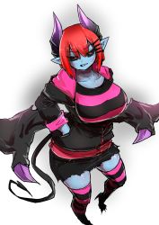 Rule 34 | 1girl, angry, black sclera, blue skin, colored sclera, colored skin, hands in pockets, highres, horns, original, punkish gothic, purple horns, red eyes, red hair, sharp teeth, shirt, short hair, shorts, sleeves rolled up, solo, striped clothes, striped shirt, striped thighhighs, teeth, thighhighs, torn clothes, torn shorts, white background, zyugoya